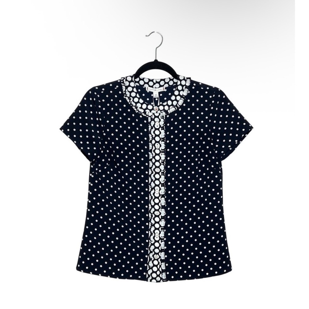 Tommy Hilfiger Navy Blue White Polka Dot Ruffle Trim Button Down Blouse Small